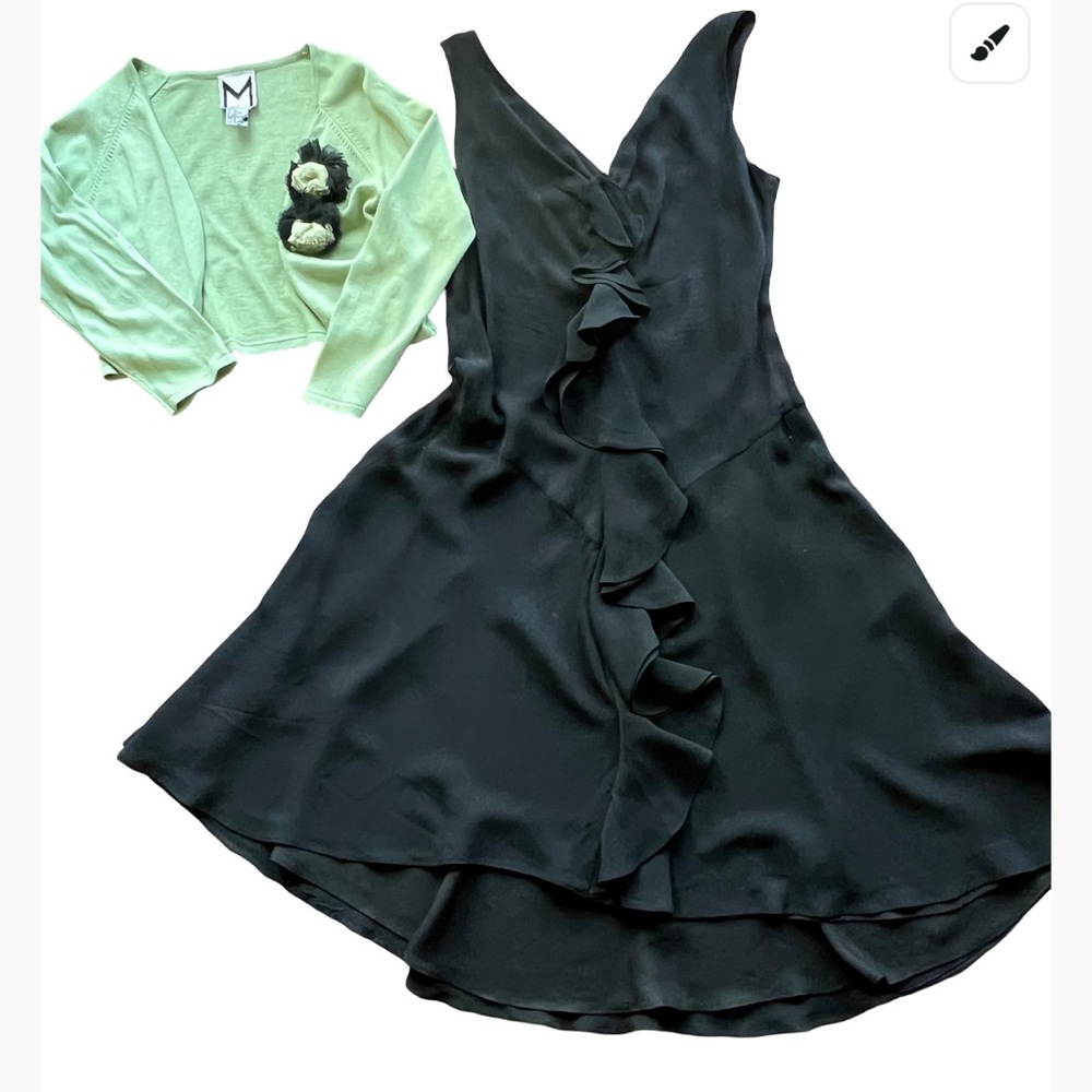 50% OFF! Marc Bouwer Elegant Black Ruffle Silk Dress & Cashmere Blend Shrug 12!